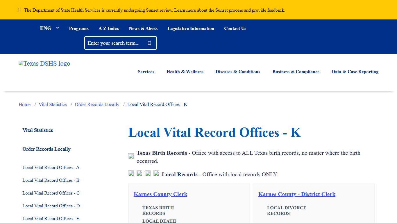 Local Vital Record Offices - K Texas DSHS